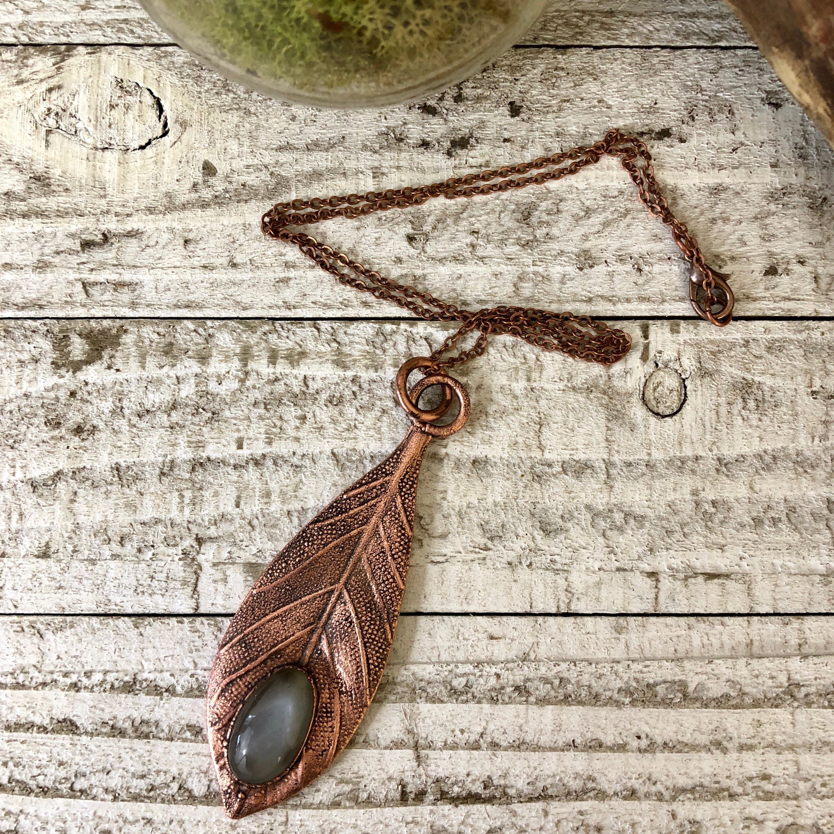 Grey Moonstone Crystal Necklace / Copper Leaf Natural Stone Necklace ...