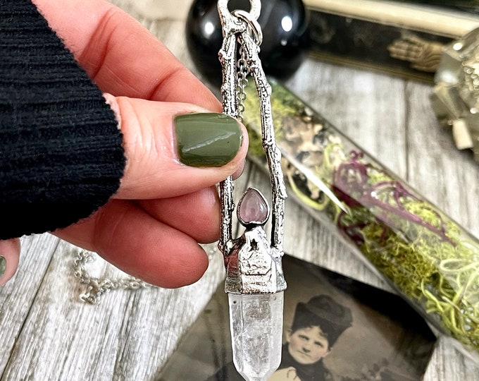 Sticks & Stones Collection- Raw Clear Quartz and Rose Quartz Necklace in Fine Silver // Big Crystal Witchy Jewelry Alternative Pendant