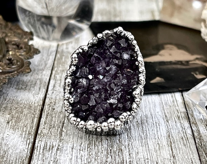 Size 7.5 Big Raw Amethyst Purple Crystal Ring in Fine Silver / Foxlark Collection - One of a Kind / Big Crystal Ring Witchy Jewelry Gemstone