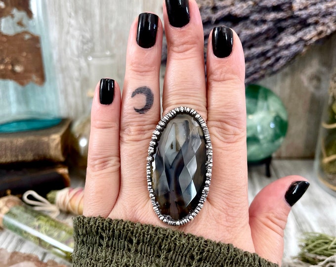 Size 8 Silver Montana Moss Agate Statement Ring /  Large Crystal Bohemian Dendritic Agate Ring Gemstone