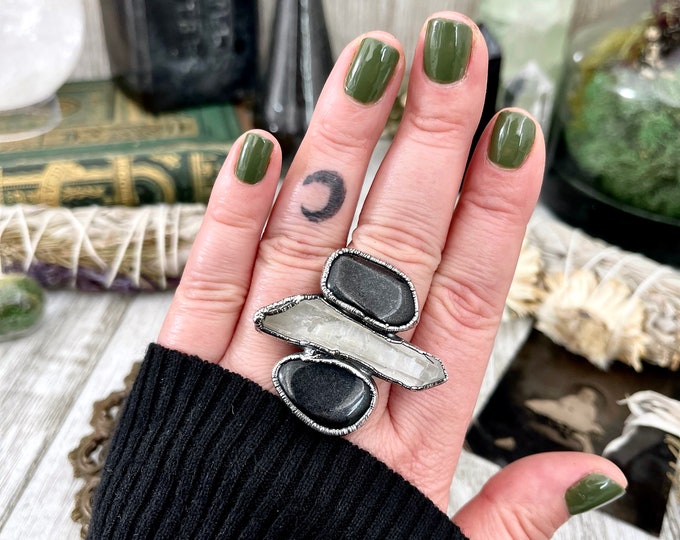 Size 9 Crystal Ring - Three Stone Ring Black Onyx Clear Raw Quartz Ring in Silver / Foxlark Collection - One of a Kind / Big Crystal Jewelry