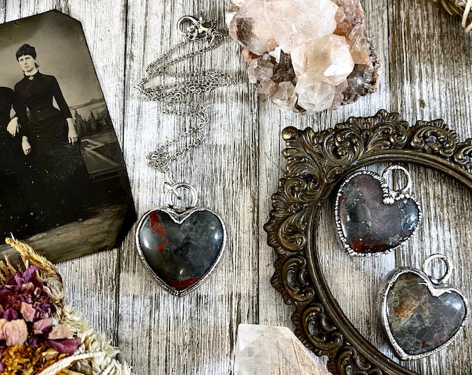 Bloodstone Crystal Heart Necklace in Fine Silver / Stone Pendant  / Gift for Her Heart Shaped Necklace / Witchy Necklace Goth Jewelry