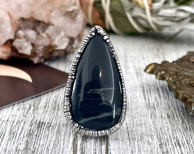 Size 5 Natural Spider Web Obsidian Statement Ring in Fine Silver - Black Stone Jewelry / Foxlark Collection - One of a Kind Electroformed