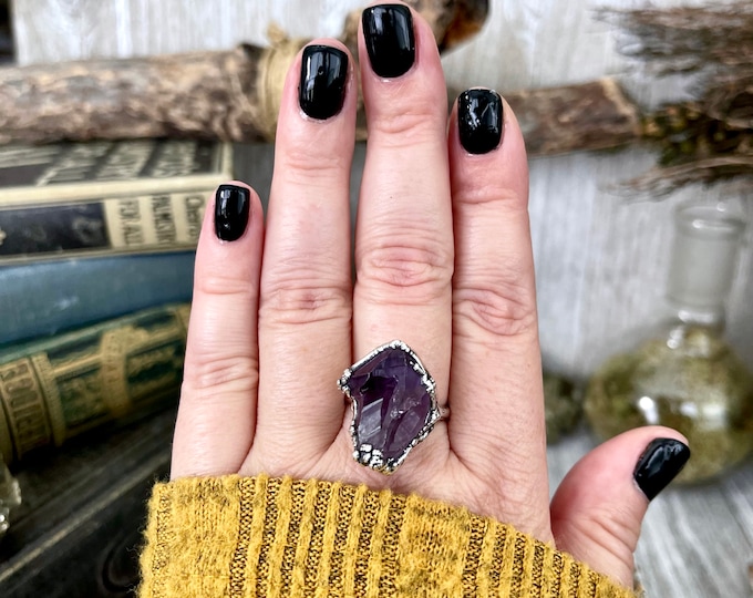 Raw Amethyst Purple Crystal Ring in Fine Silver Size 5 6 7 8 9 / Foxlark Collection - One of a Kind / Crystal Ring Witchy Jewelry Gemstone