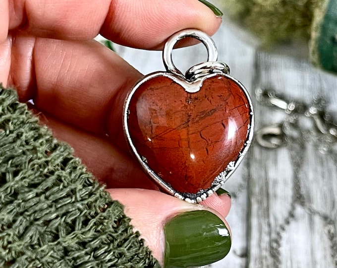 Red Jasper Crystal Heart Necklace in Fine Silver / Stone Pendant  / Gift for Her Heart Shaped Necklace