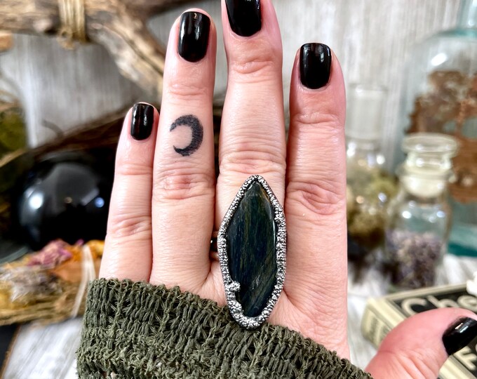 Size 11 Blue Tigers Eye Large Crystal Statement Ring in Fine Silver / Foxlark Collection - One of a Kind / Big Crystal Ring Witchy Jewelry