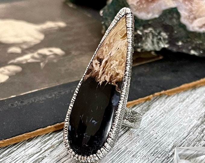 Size 6 Large Fossilized Palm Root Statement Ring in Fine Silver - Black Stone Ring / Foxlark Collection - One of a Kind / Gothic Jewelry