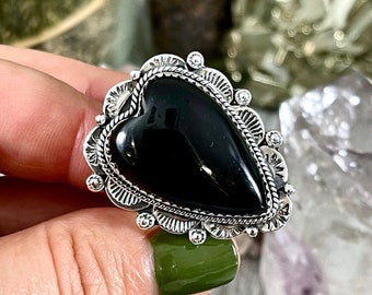 Black Onyx Heart Crystal Statement Ring in Sterling Zilver- Ontworpen door FOXLARK Collection Past zich aan maat 6,7,8,9 of 10 / Gothic Sieraden