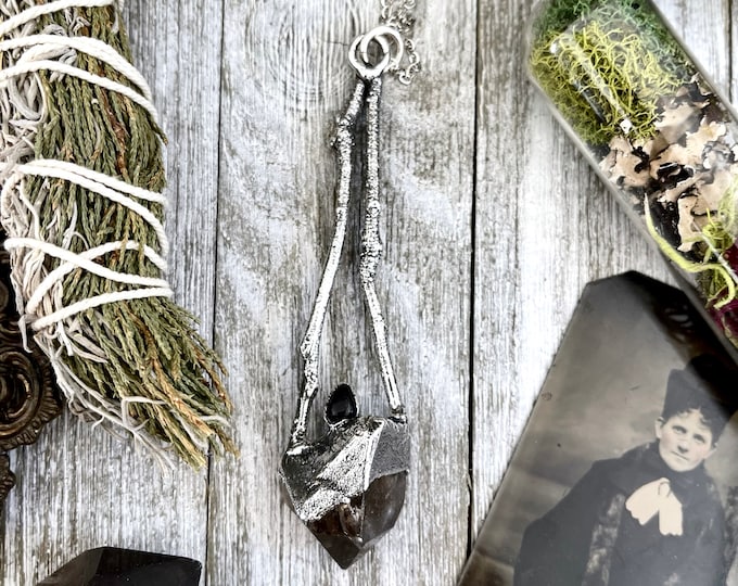 Sticks & Stones Collection- Smokey Quartz and Black Onyx Necklace in Fine Silver // Big Crystal Necklace. Witchy Jewelry Gothic Pendant