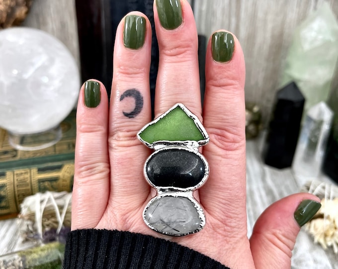 Size 8 Crystal Ring - Three Stone Black Onyx Sea Glass Tourmaline Quartz Ring Sliver / Foxlark Collection - One of a Kind / Crystal Jewelry