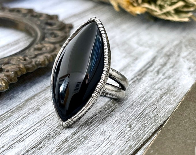 Size 5.5 Natural Black Onyx Ring in Fine Silver /  Large Crystal Ring  - Black Stone Ring - Silver Crystal Ring - Bohemian Jewelry Gemstone