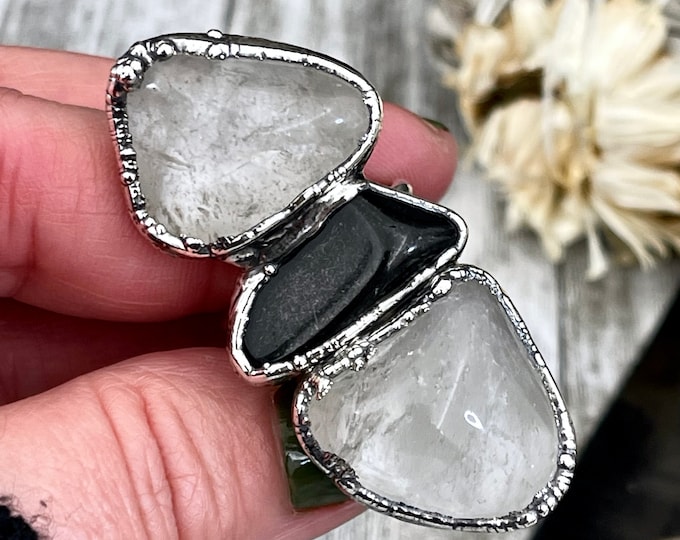 Size 8.5 Crystal Ring - Three Stone Black Onyx Clear Quartz Ring in Silver / Foxlark Collection - One of a Kind / Big Boho Crystal Jewelry