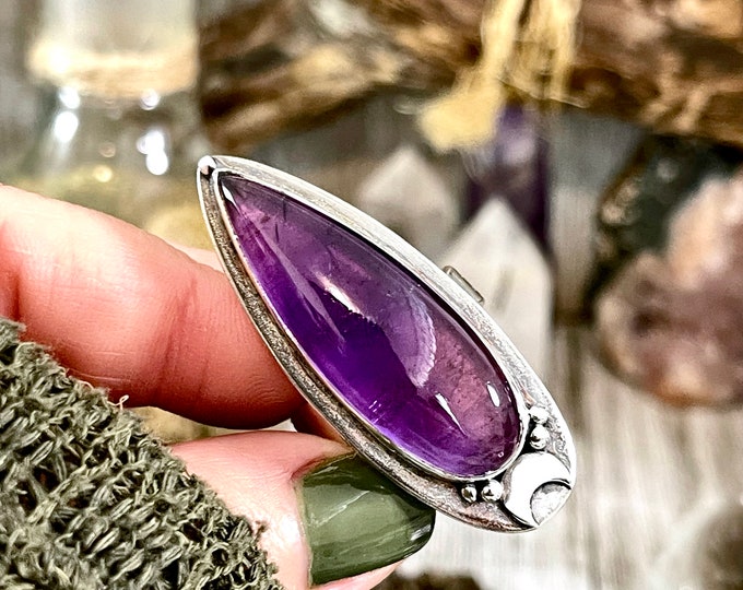 Magic Moons Amethyst Ring in Solid Sterling Silver- Designed by FOXLARK Adjustable to Size 6 7 8 9 10 / Purple Crystal Ring Witchy Jewelry