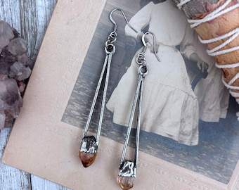 Raw Citrine Fine Silver Crystal Drop Earrings / Long Dangle Witchy Earrings