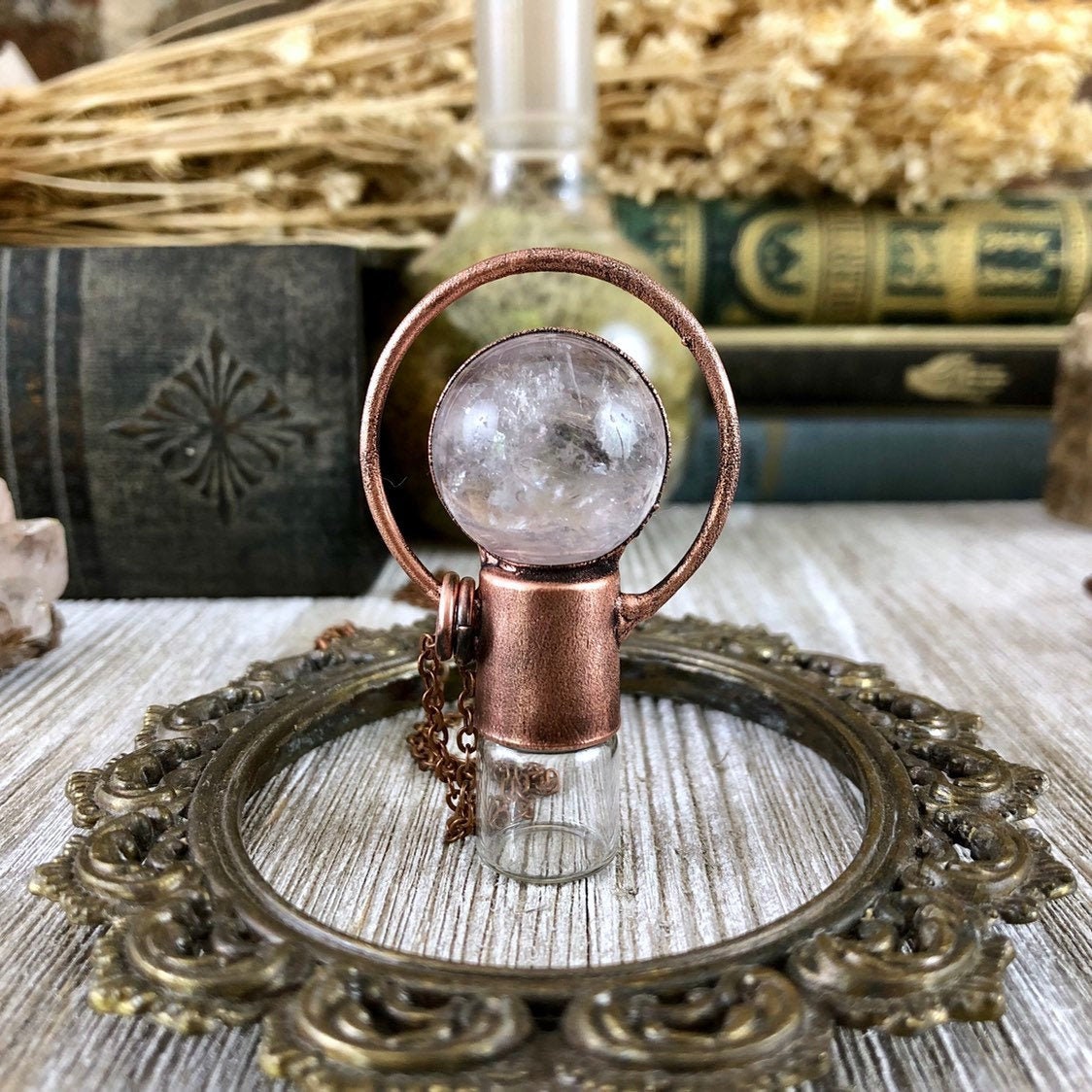 Clear Quartz Necklace Crystal Ball Necklace Essential Oil Rollerball