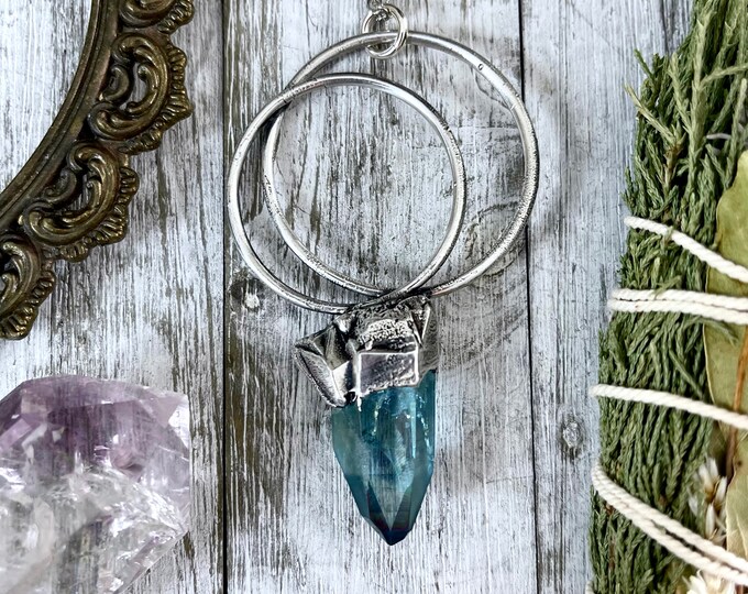 Big Raw Aqua Aura Quartz Crystal  Necklace in Fine Silver / Foxlark Collection - One of a Kind Electroformed Jewelry Electroformed