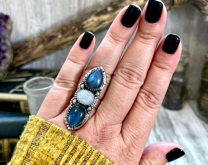 Three Stone Crystal Ring Labradorite Rainbow Moonstone Ring in Sterling Silver- Designed by FOXLARK Collection Adjustable to Size 6 7 8 9