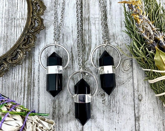 Black Onyx Crystal Point Necklace in Sterling Silver  -Designed by FOXLARK Collection / Witchy Necklace Goth Jewelry / Gothic Jewelry