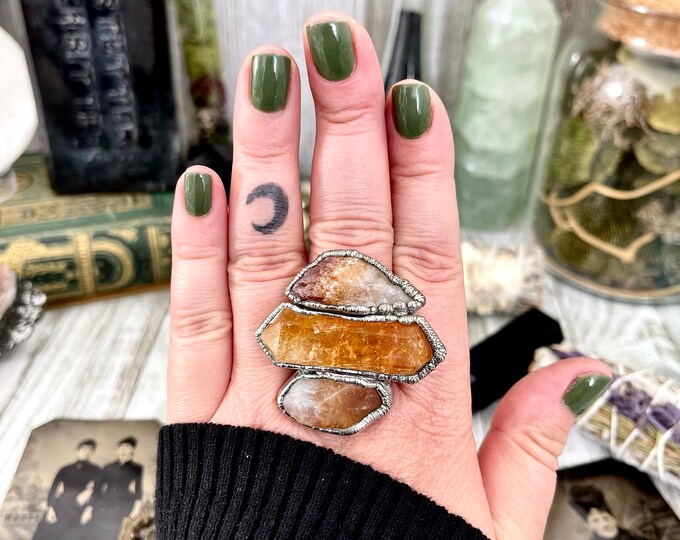 Size 8.5 Crystal Ring - Three Stone Citrine Ring in Sliver / Foxlark Collection - One of a Kind / Big Crystal Jewel // Alternative Boho Ring