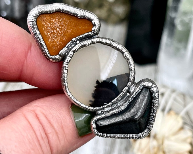 Size 8 Crystal Ring - Three Stone Ring Montana Moss Agate Black Onyx Sea Glass Silver Ring / Foxlark Collection - One of a Kind Jewelry