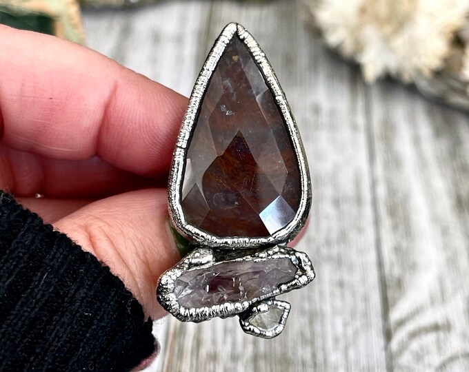 Size 6.5 Crystal Ring - Three Stone Fancy Moss Agate Amethyst Herkimer Silver Ring / Foxlark Collection - One of a Kind / Crystal Jewelry