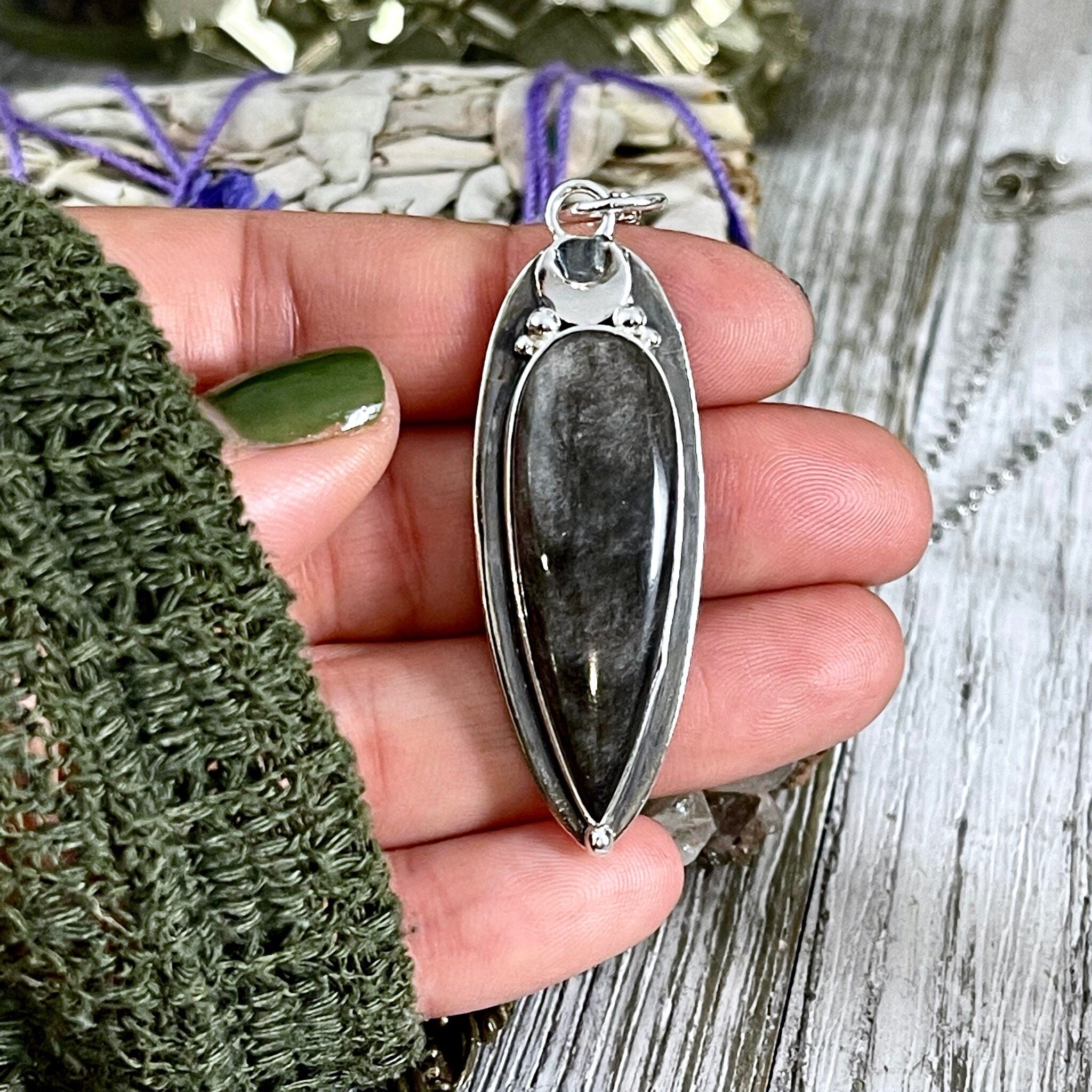 Magic Moon Crystal Necklace in Sterling Silver- Silver Sheen Obsidian,  Black Onyx or Labradorite -Designed by FOXLARK Collection