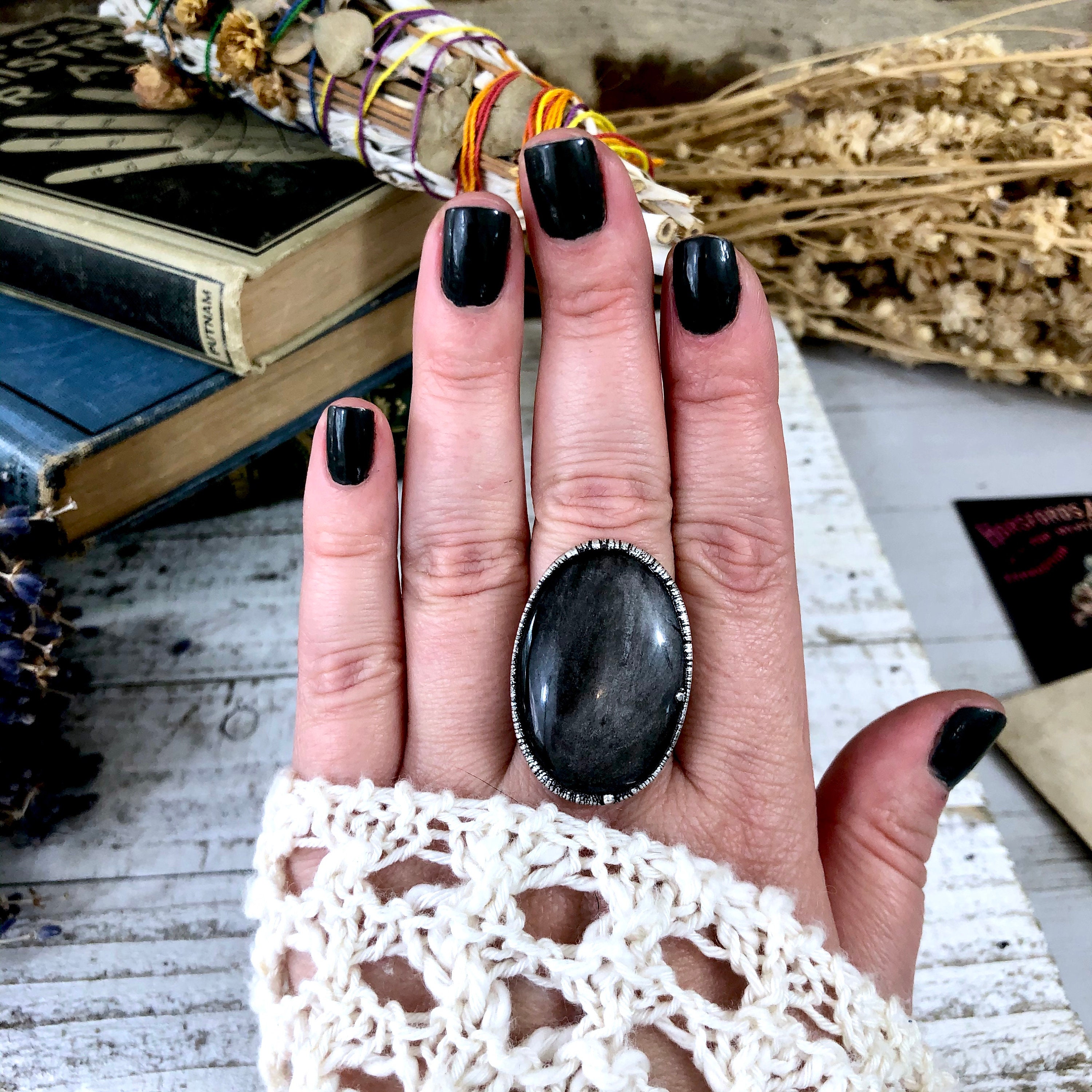 Size 8.25 Silver Sheen Obsidian Ring in 