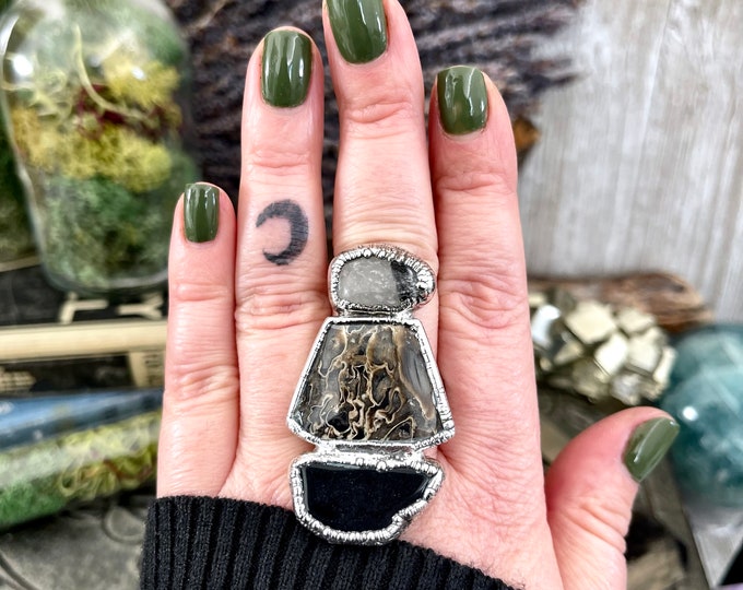 Size 10.5 Three Stone Ring- Palm Root Black Onyx Tourmaline Quartz Crystal Ring Fine Silver / Foxlark Collection - One of a Kind /  Jewelry