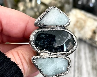 Size 7 Crystal Ring - Three Stone Ring Aquamarine Raw Moss Agate Ring In Silver / Foxlark Collection - One of a Kind / Big Crystal Jewelry