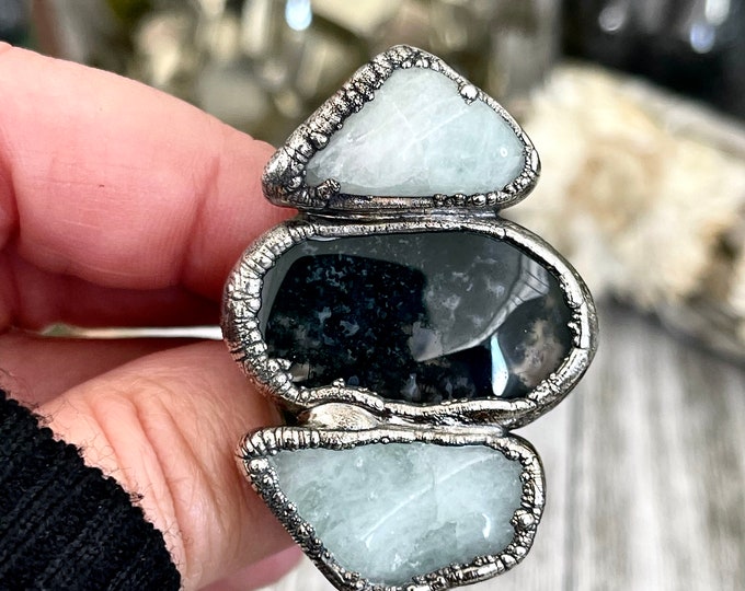 Size 7 Crystal Ring - Three Stone Ring Aquamarine Raw Moss Agate Ring In Silver / Foxlark Collection - One of a Kind / Big Crystal Jewelry