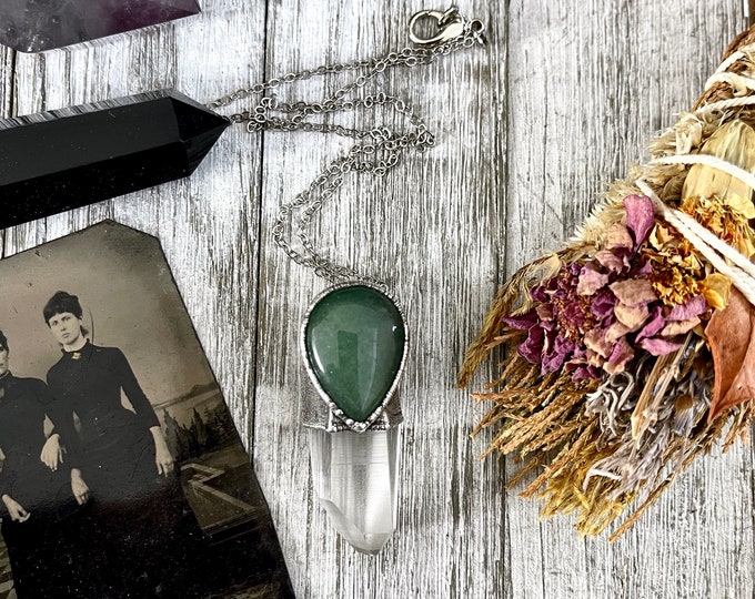 Raw Clear Quartz & Green Aventurine Crystal Statement Necklace in Fine Silver / Foxlark Collection - One of a Kind