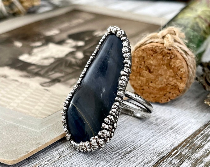 Size 10 Blue Tigers Eye Large Crystal Statement Ring in Fine Silver / Foxlark Collection - One of a Kind / Big Stone Ring Witchy Jewelry