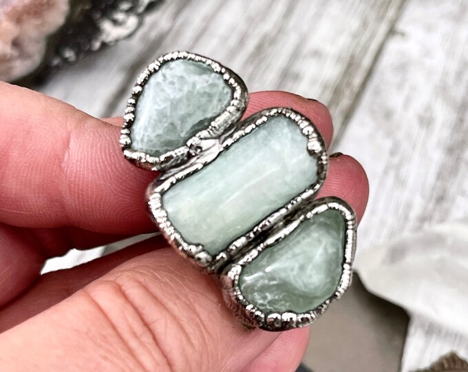 Size 7 Crystal Ring - Three Stone Ring Aquamarine Raw Ring In Silver / Foxlark Collection - One of a Kind / Big Crystal Jewelry