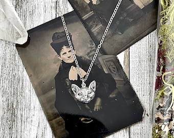 Tiny Talisman Collection - Sterling Silver Cat Necklace Pendant  17mm  /  / Witchy Necklace Goth Jewelry