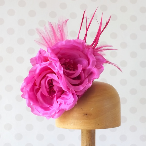 Fuchsia Fascinator with bright pink silk flowers and feathers, cerise headpiece, small magenta hat for wedding guest or races