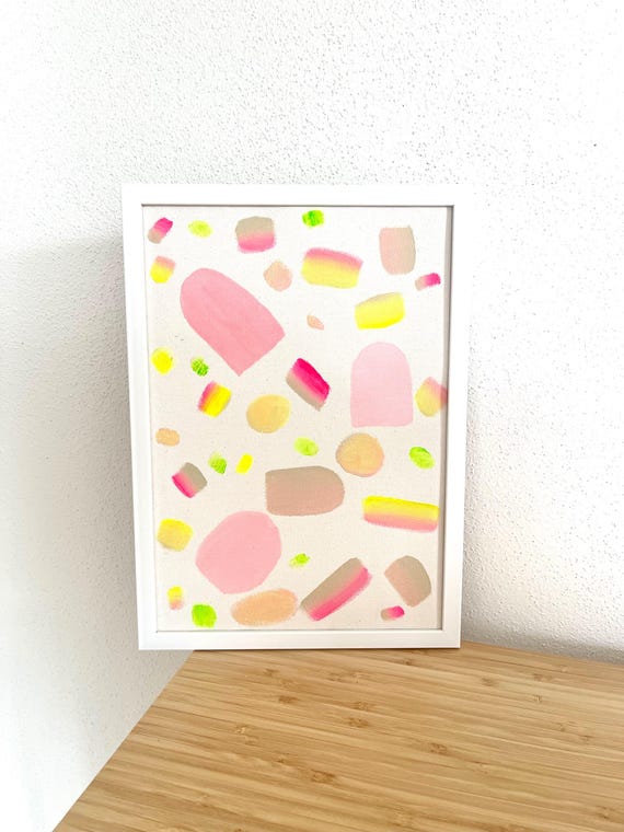 Sweets & Lollies, original abstract painting on canvas, framed 20x30cm