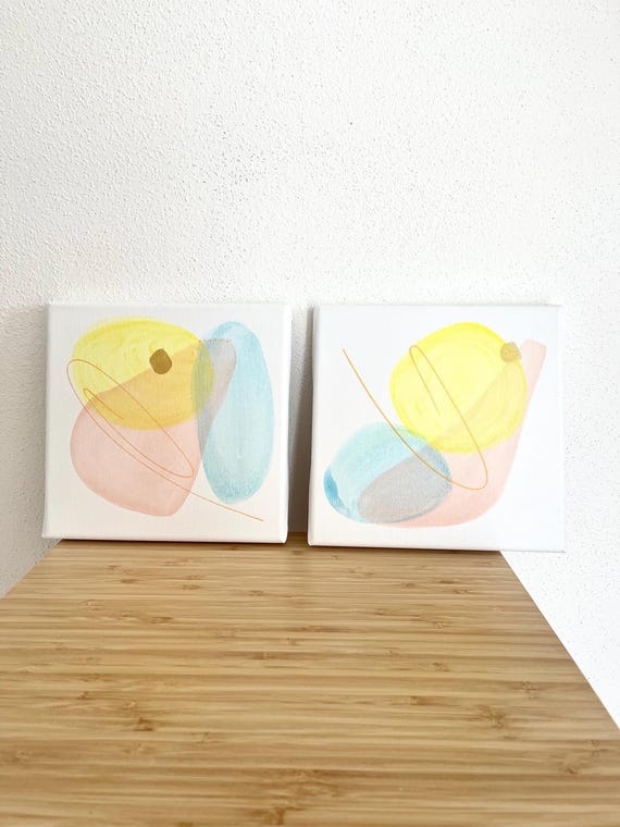 Pastels & Gold, Set of two original abstract paintings, 20x20cm