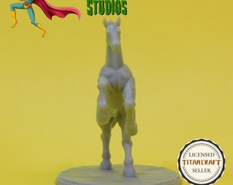 May include: A gray, 3D printed miniature horse figurine standing on a gray base. The horse is rearing up on its hind legs with its front legs raised. The figurine is a licensed TitanCraft seller product.