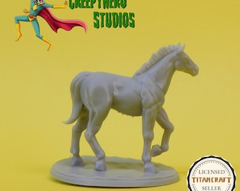 May include: A light gray horse figurine on a circular base. The horse is sculpted in a walking pose, showcasing detailed musculature. The image includes the text "CREEPYHERO STUDIOS" and a seller's badge.