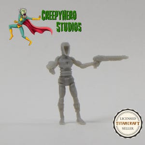 May include: A gray, articulated action figure of a futuristic soldier holding a ray gun. The figure is from Creepyhero Studios and is a Licensed TitanCraft Seller. A cartoon zombie superhero is in the upper left corner.
