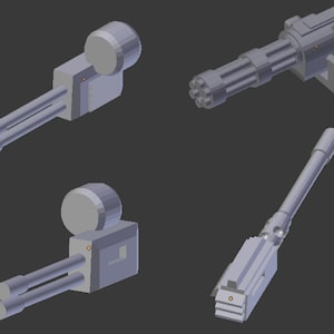 May include: Four different types of gun turrets, each with a unique design and barrel configuration. The turrets are made of a light gray plastic and are designed for use in model building or other creative projects.