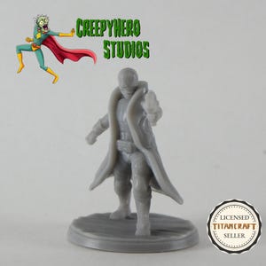 May include: A gray plastic miniature figure of a person wearing a long coat and holding a gun. The figure is standing on a gray plastic base. The figure is a licensed TitanCraft seller.