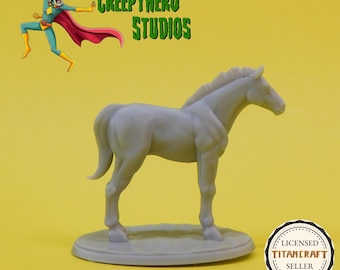 May include: A gray, detailed miniature horse figurine standing on a gray base. The figurine is posed with its head turned to the side and its tail slightly raised. The base is oval-shaped and has a smooth surface. The figurine is made of a durable material and is suitable for tabletop gaming or display.