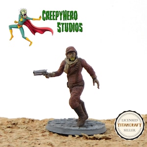 May include: A 3D printed miniature figure of a person wearing a red jumpsuit, a brown scarf, and a hat. The figure is holding a gun in their right hand and is running. The figure is standing on a gray base.