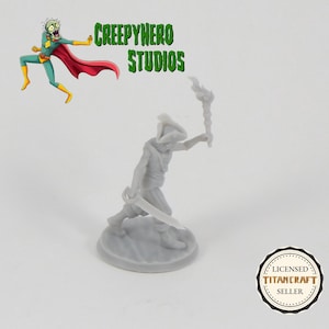 May include: A gray 3D printed miniature of a fantasy character holding a sword and a torch. The character is wearing a hat and is standing on a round base.