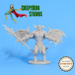 May include: A light gray demon figurine with large wings, horns, and a staff. The figurine is standing on a circular base. The image includes the text "CREEPYHERO STUDIOS" and a cartoon character. A circular logo reads "LICENSED TITANCRAFT SELLER".