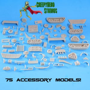 May include: A collection of 75 accessory models in various shapes and sizes, including tank treads, wheels, and architectural elements. The image features the text "CREEPYHERO STUDIOS" and "75 ACCESSORY MODELS!" with a cartoon character in the upper left corner.