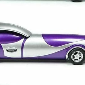 May include: A silver and purple car-shaped pen. The pen has a sleek, futuristic design with a purple body and silver accents.