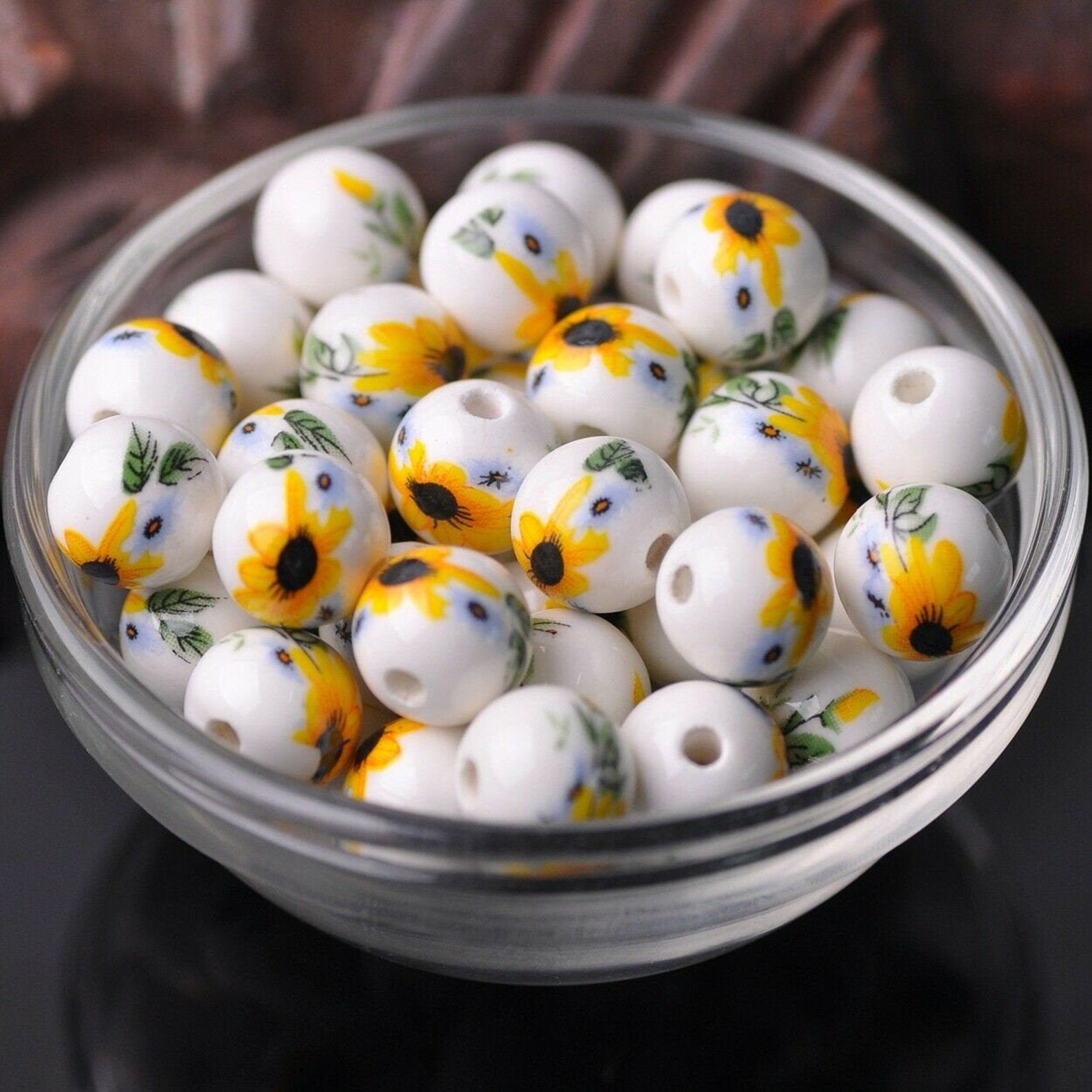 10 Ceramic Sunflower Beads Porcelain Sunflower Beads Jewelry Etsy