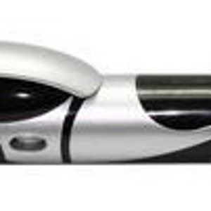 May include: A silver and black toy car with a streamlined design. The car has a black interior and black wheels.
